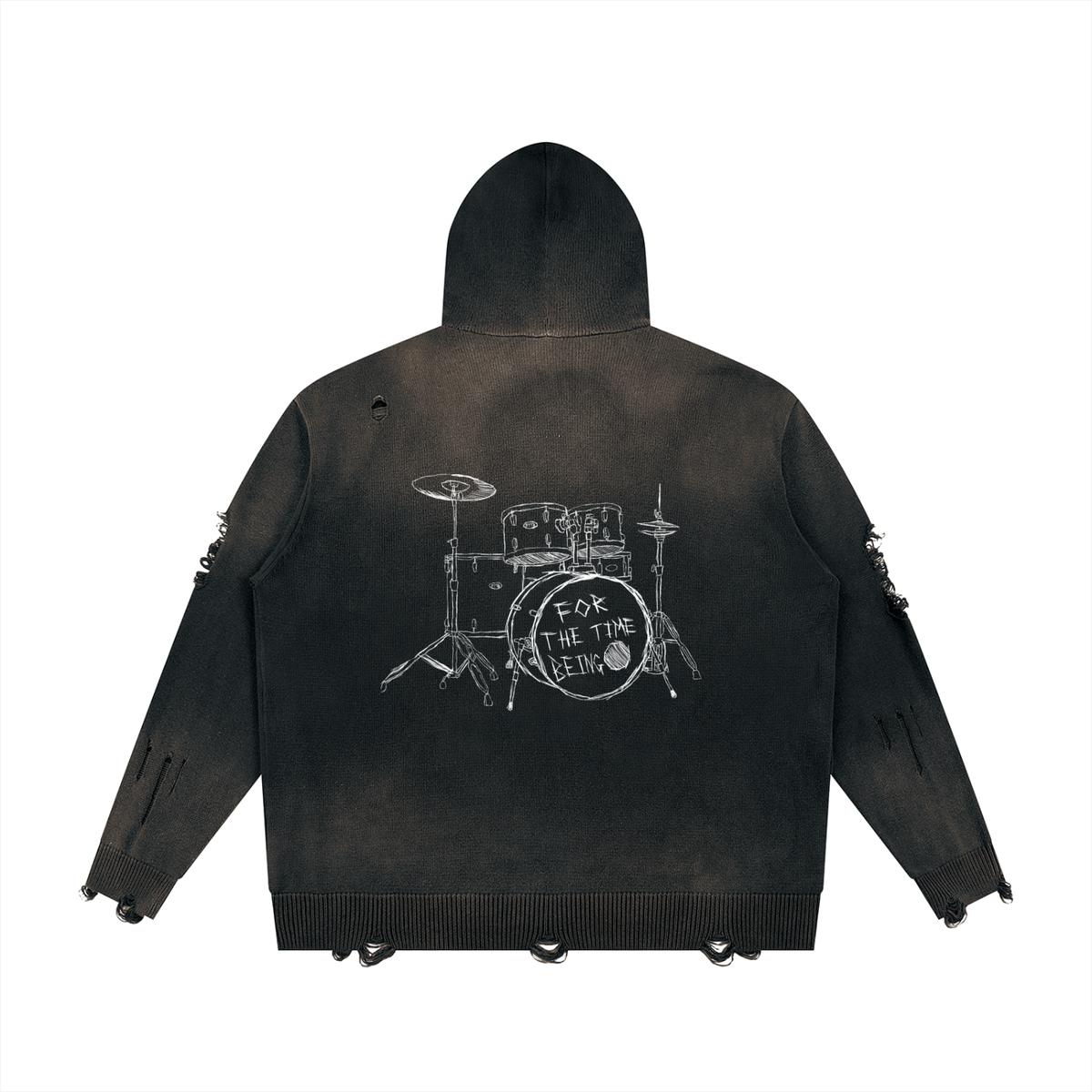 "FEEL THE MUSIC" Distressed Full Zip Sweater