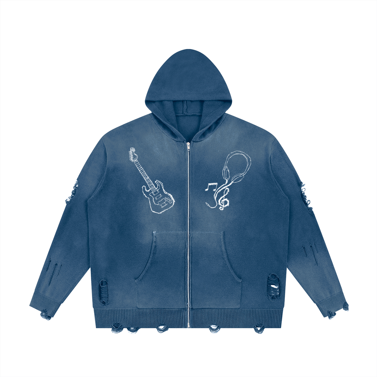 "FEEL THE MUSIC" Distressed Full Zip Sweater