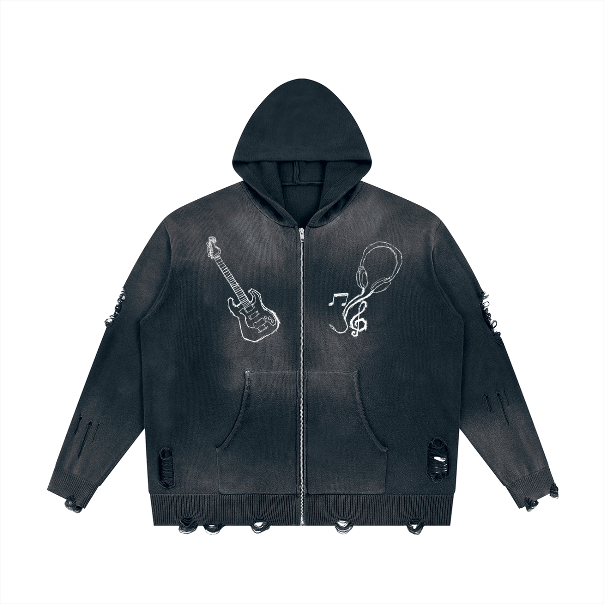 "FEEL THE MUSIC" Distressed Full Zip Sweater