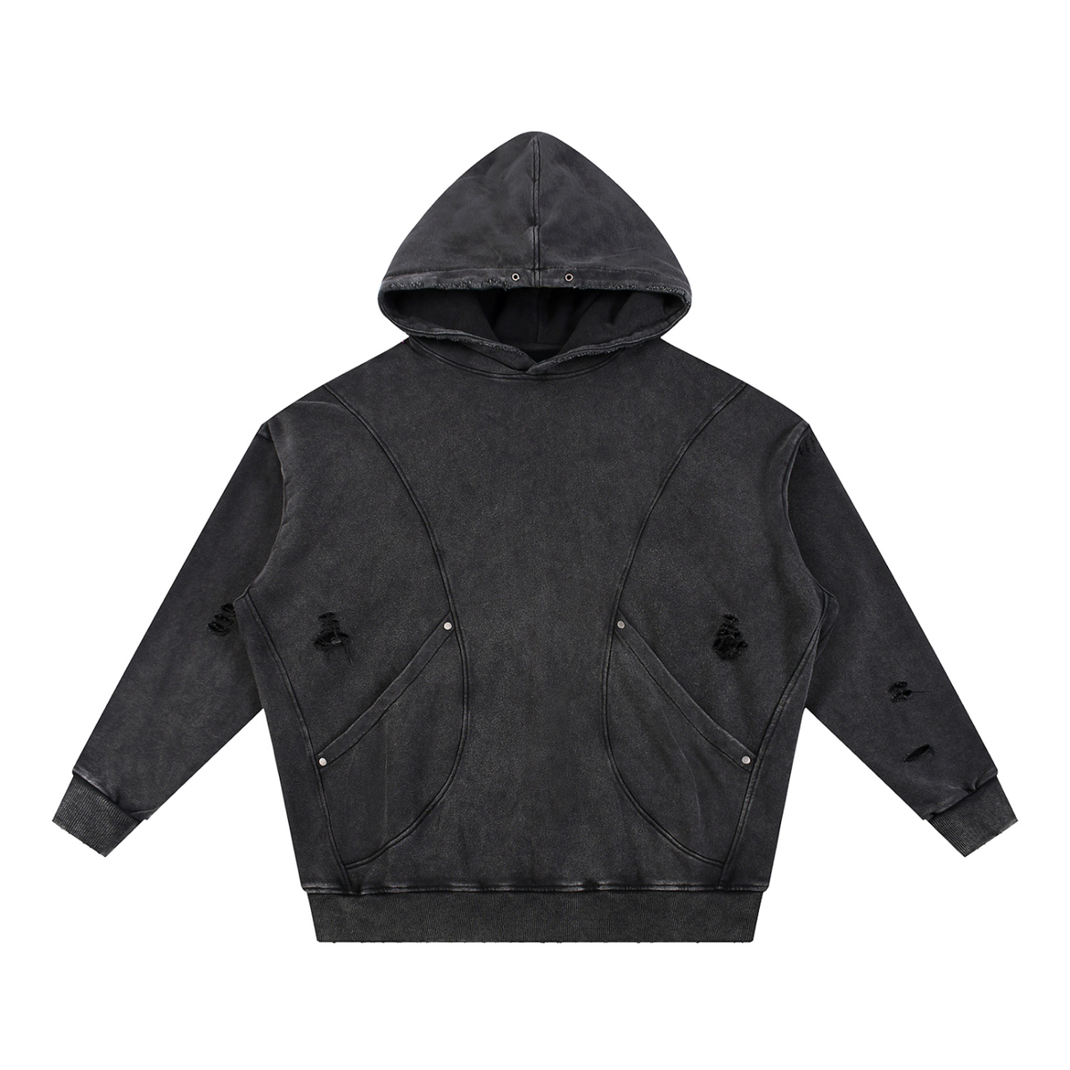 Snow Washed Distressed Panel Pocket Hoodie