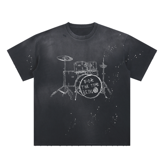 "Drummer" Hand-Frayed Sunfade Paint Splatter Tee