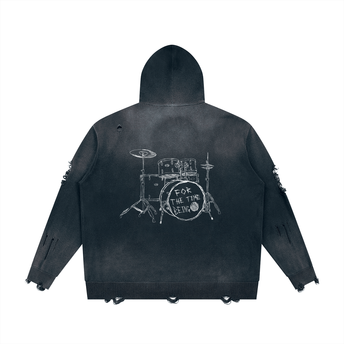 "FEEL THE MUSIC" Distressed Full Zip Sweater