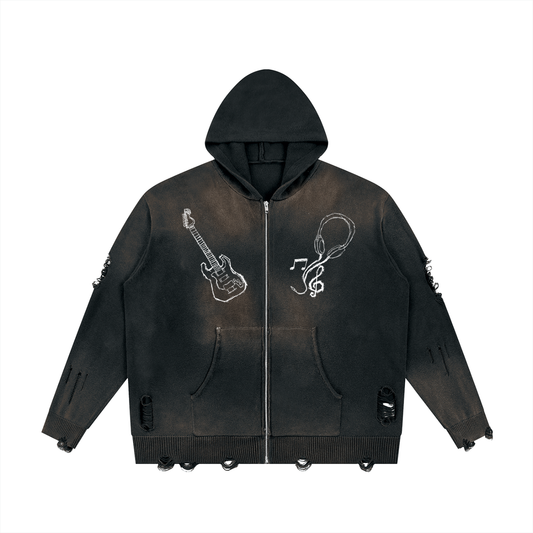 "FEEL THE MUSIC" Distressed Full Zip Sweater